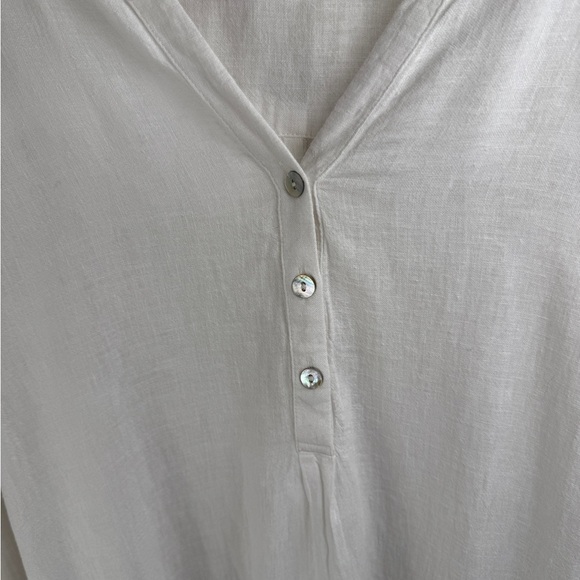 J. JILL Linen Blend Large White Blue Striped Pleated Tunic Top Coastal Beach - Picture 7 of 12